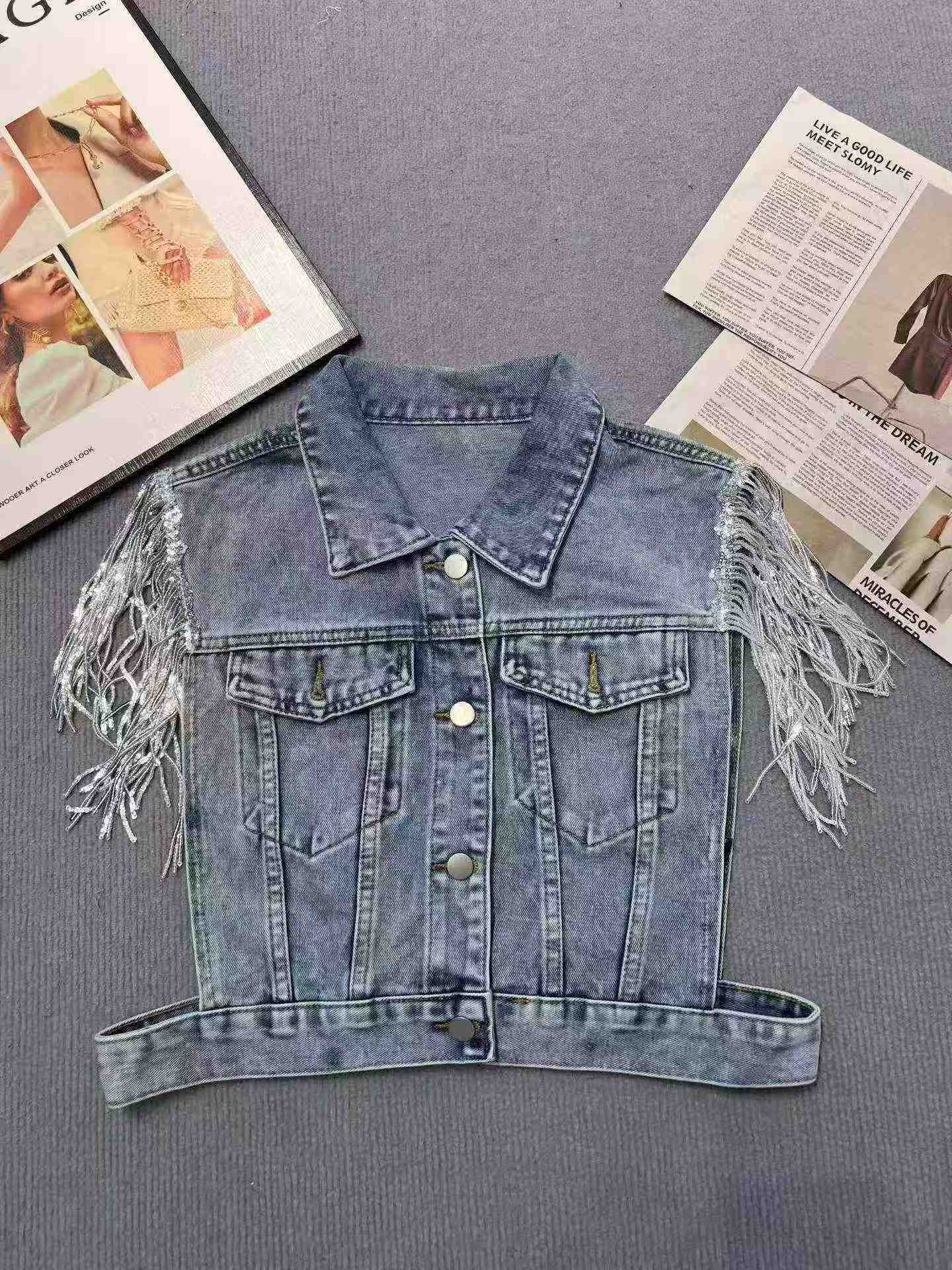 2026 Majira ya Joto Mpya Vesti ya Denim Iliyofupishwa yenye Sequins na Tassels kwa Wanawake, Vipande 1200 - Image 6