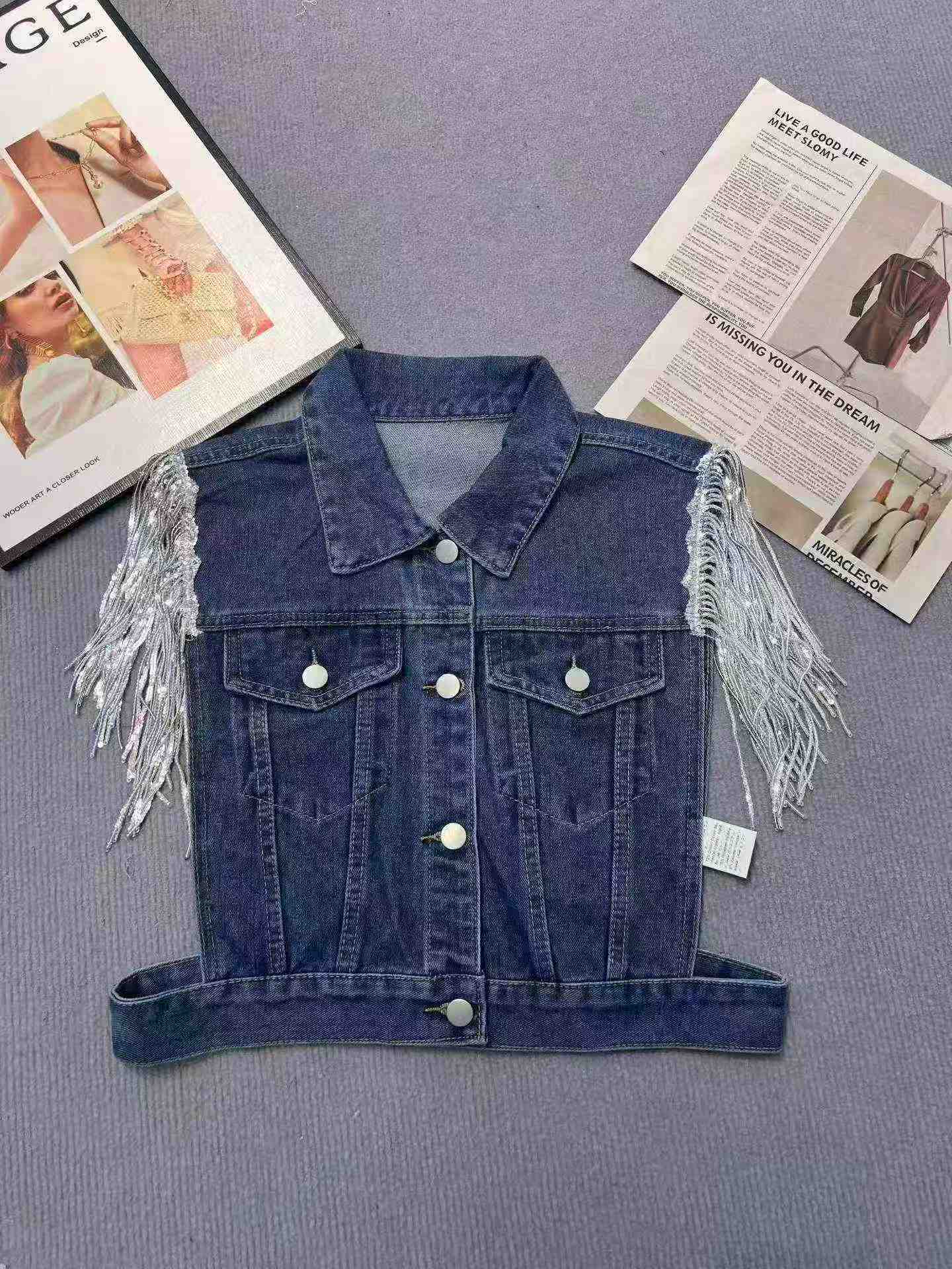 2026 Majira ya Joto Mpya Vesti ya Denim Iliyofupishwa yenye Sequins na Tassels kwa Wanawake, Vipande 1200 - Image 7