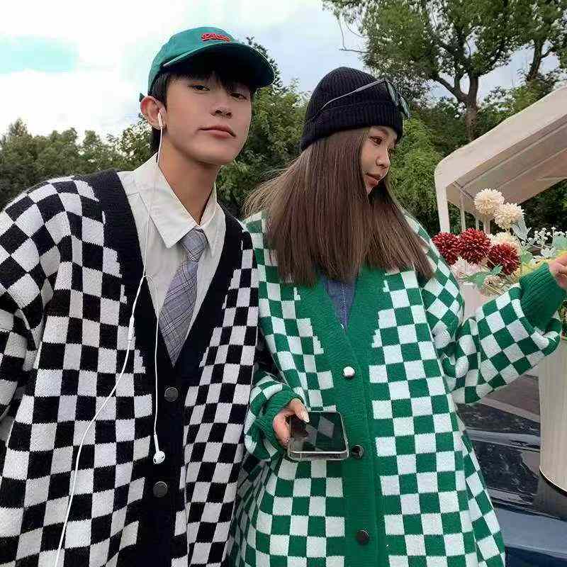 Autumn Winter Retro Checkerboard Loose Couple Cardigan Coat, About 1380 Pieces - Image 6