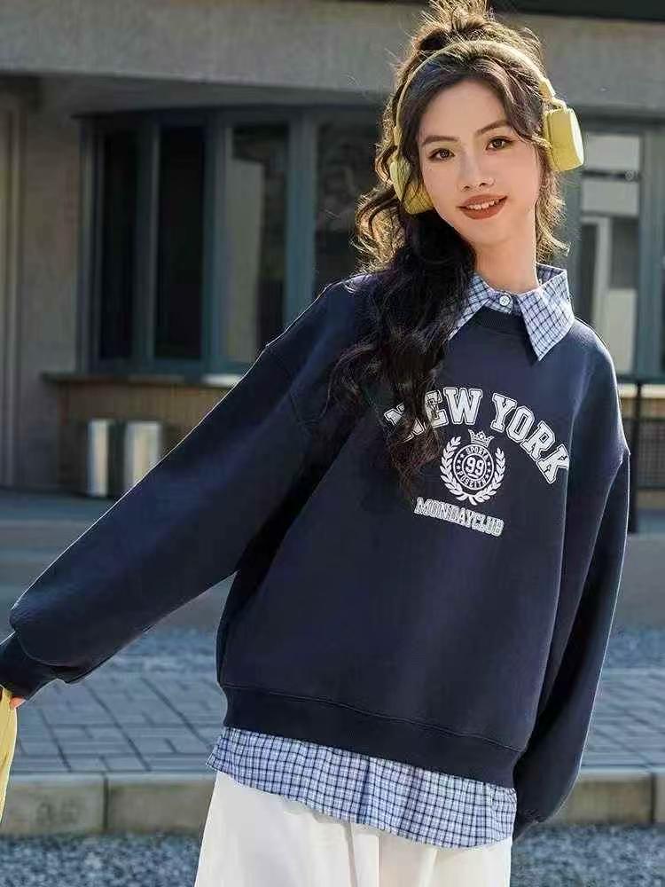 Plaid Patchwork Fake Two-piece New Loose Sweatshirt for Teen Girls, Spring Autumn, S-3XL, About 800 Pieces - Image 1