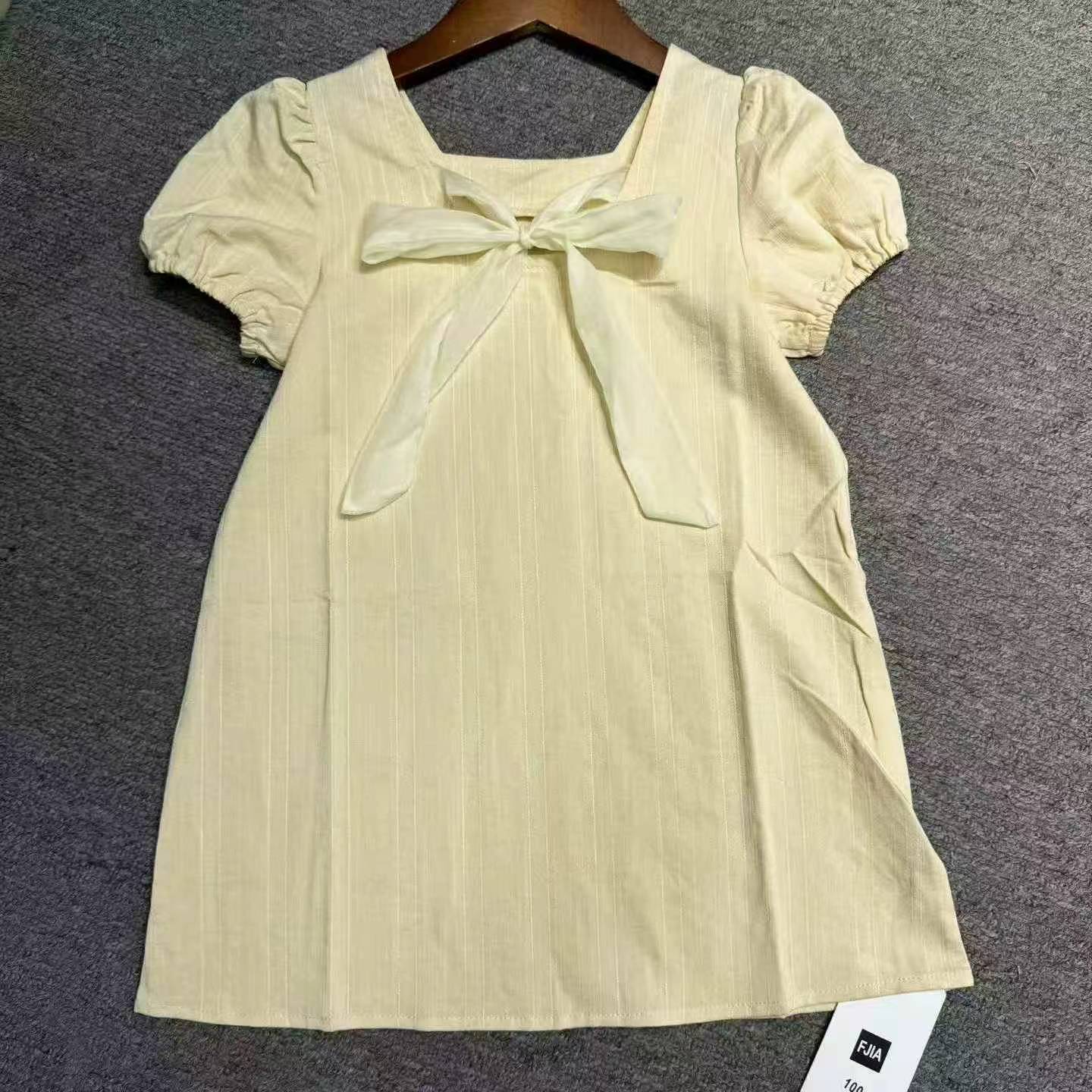 100% Cotton Girls Square Neck Puff Sleeve Back Bow Tie Short Sleeve A-line Dress, Approx 500 Pieces, Size 80-140 - Image 1
