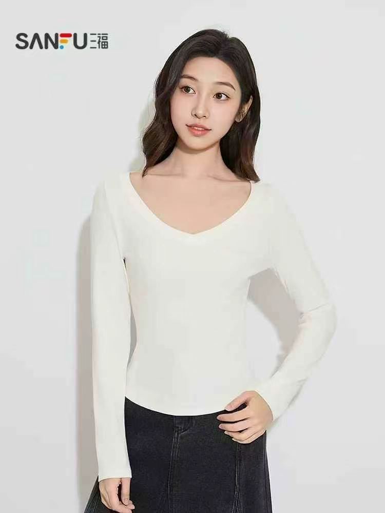 Women's Solid V Neck Long Sleeve Cropped Slim Fit T-Shirt Size M-XL - Image 1