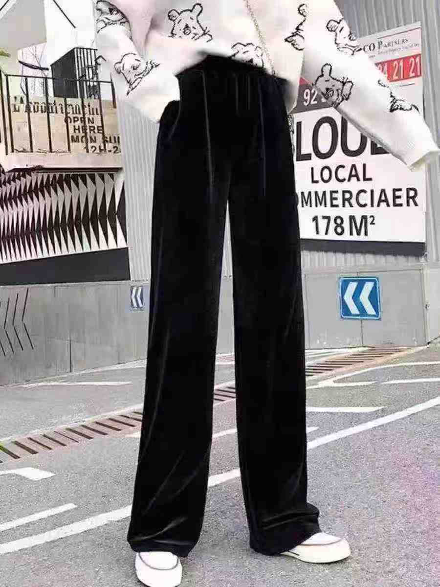 Women's Black Velvet Fleece Lined Wide Leg Pants, 150pcs Lace Hem, 1019pcs Solid Basic, Size S-XL - Image 1