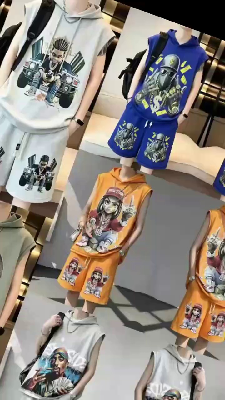 Streetwear Big Printed Sleeveless Loose Hooded Cotton Set Pants With Pockets Size 2XL-4XL 1000 Pieces - Image 1