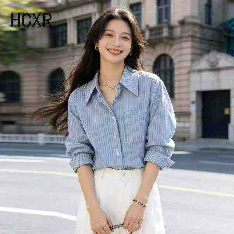 LEMR 398PCS Spring Summer Striped Loose Long Sleeve Shirt Size S-2XL - Image 1