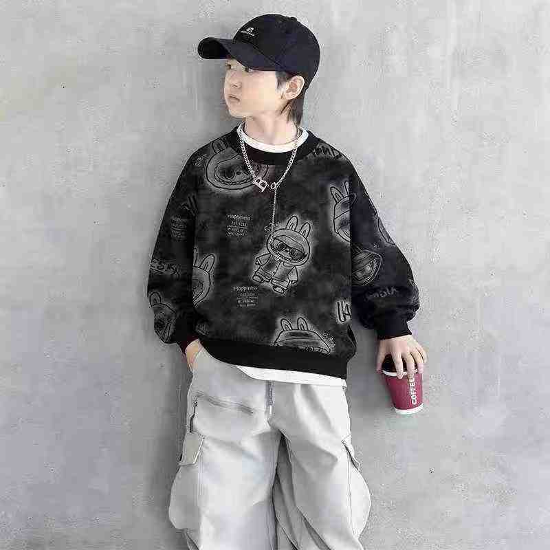 About 670 Pcs High Quality Spring Autumn Older Kids Labubu Fake Two-piece Crewneck Sweatshirt - Image 1