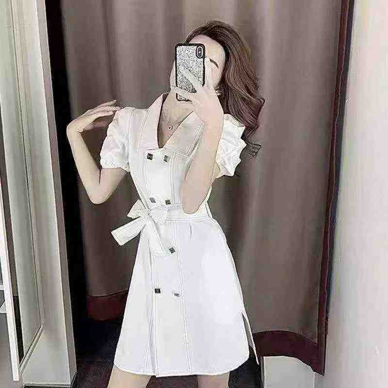 285pcs Turn-down Collar Double Breasted Tweed Style Slit Dress - Image 1