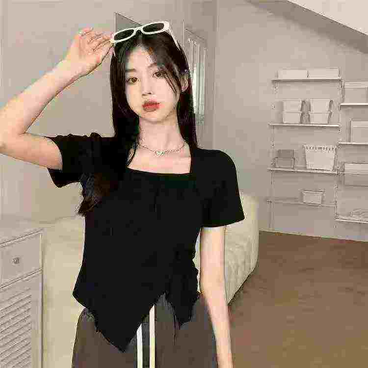 2025 Summer Women's Ice Silk Rib Square Neck Slim Cropped Short Sleeve T-shirt, About 1000 Pieces - Image 1