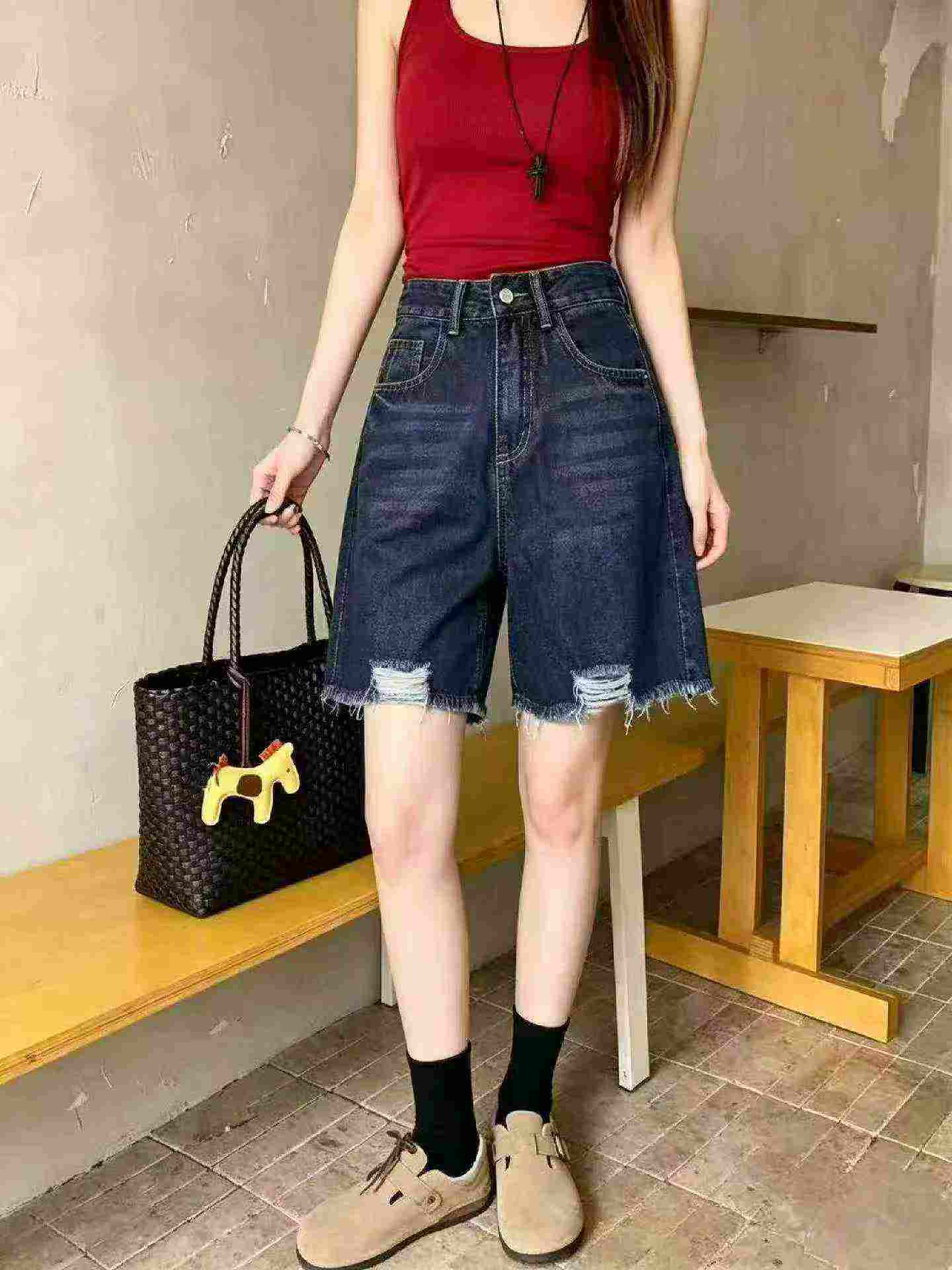 Summer Retro Ripped Washed Cotton Wide Leg Denim Shorts For Plus Size Women, 390 Pieces - Image 1