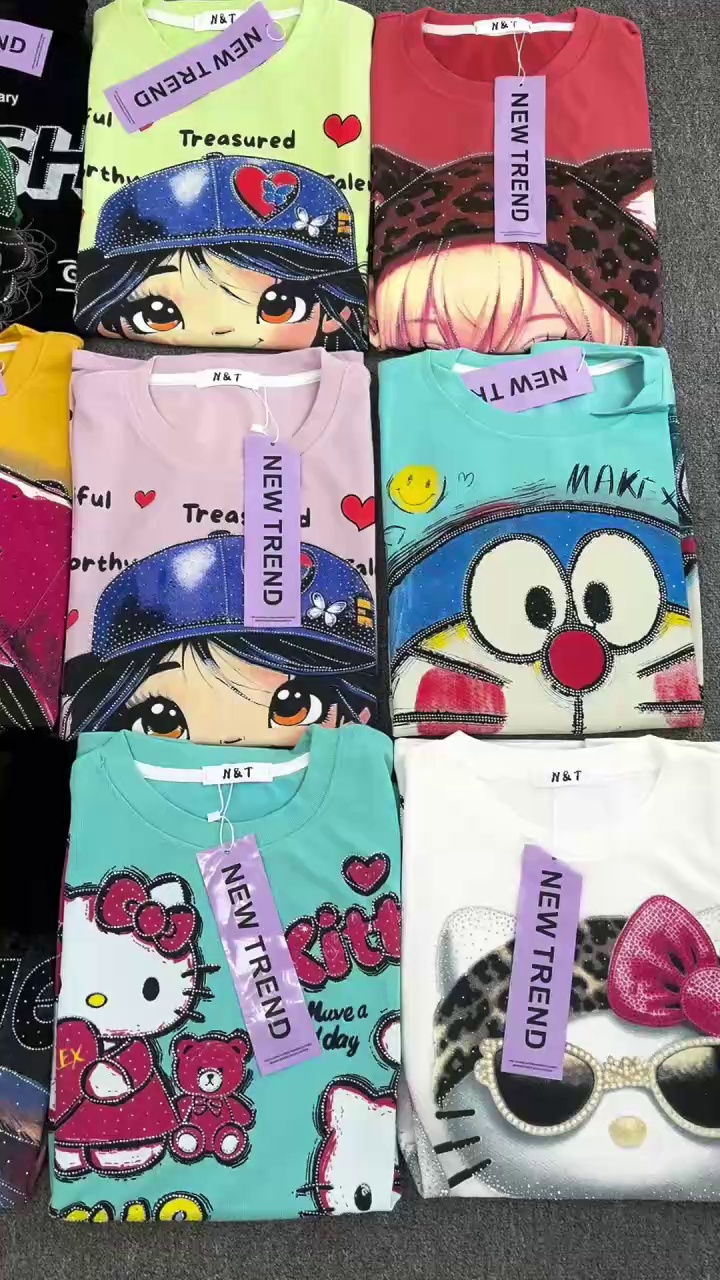 6000 Pcs European Heavy Rhinestone Korean Cartoon Print Loose Short Sleeve T-Shirts - Image 2