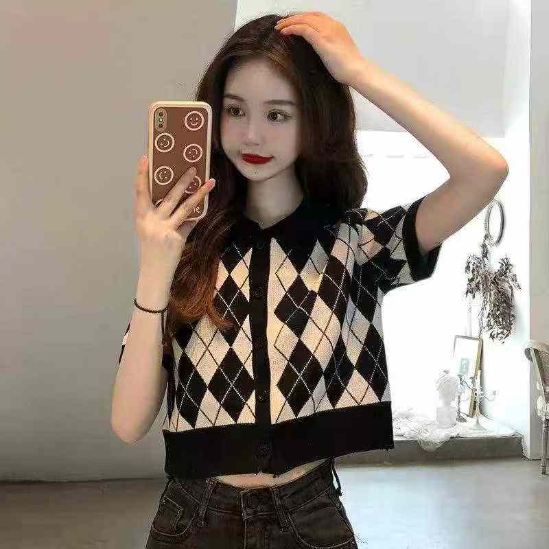 Top de punto retro de verano a cuadros con cuello polo para mujer, 945 piezas - Image 1