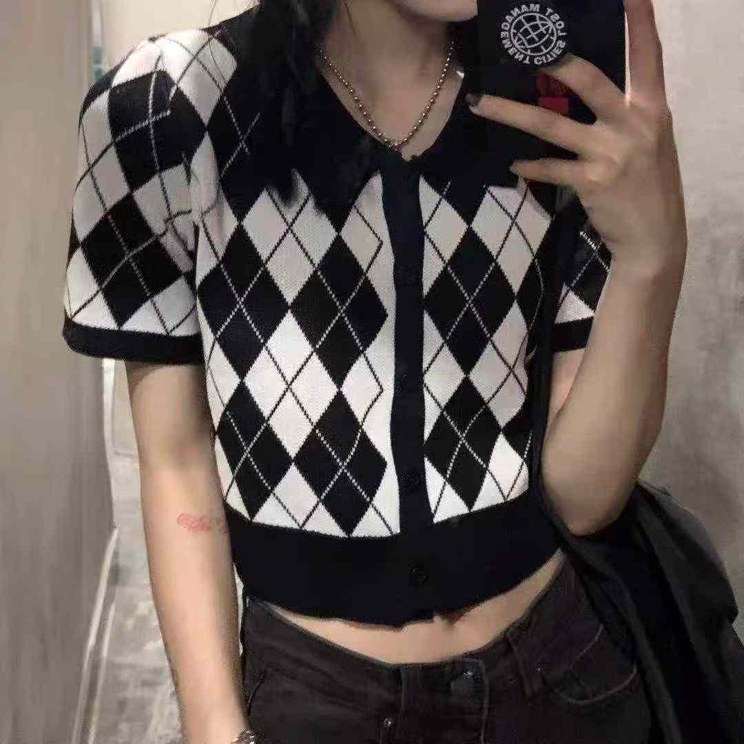 Summer New Korean American Style Vintage Plaid Polo Collar Knit Top, 4000 Pieces - Image 1