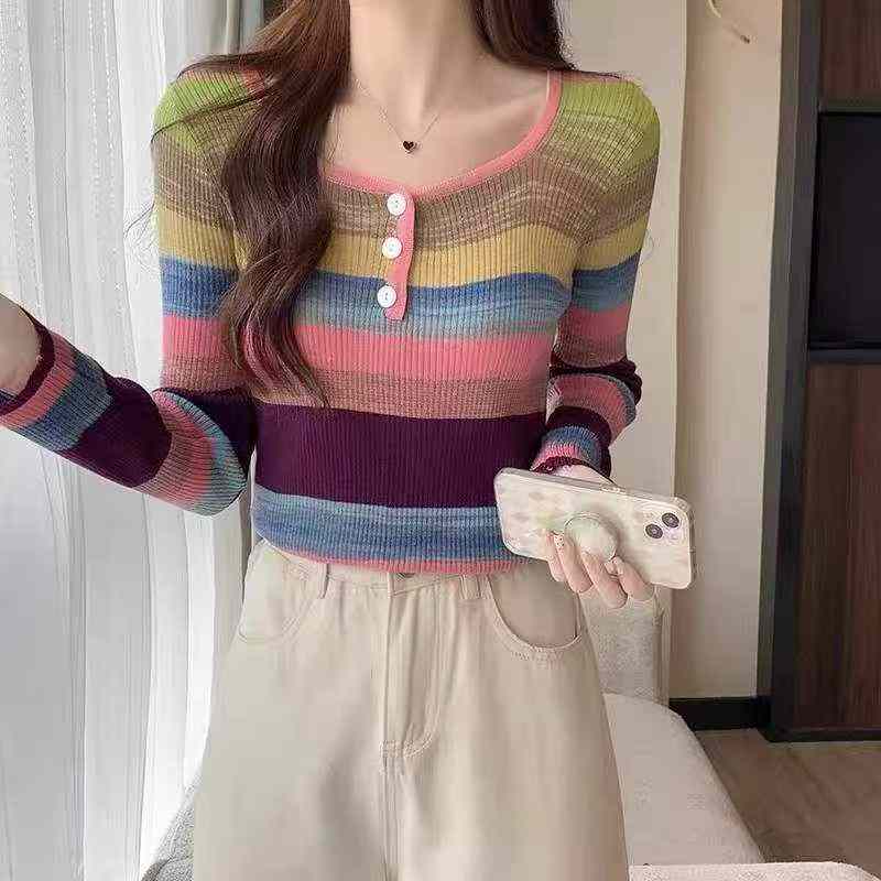 Spring Autumn New Slim Stretch Rainbow Stripe Long Sleeve Knit Sweater, 510 Pieces - Image 1