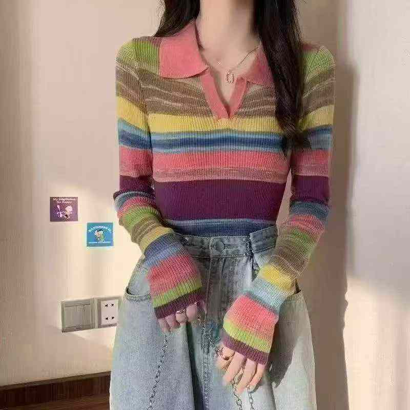 Autumn New Women's Polo Collar Colorblock Rainbow Stripe Loose Long Sleeve Pullover Wool Sweater 1800 Pieces - Image 1