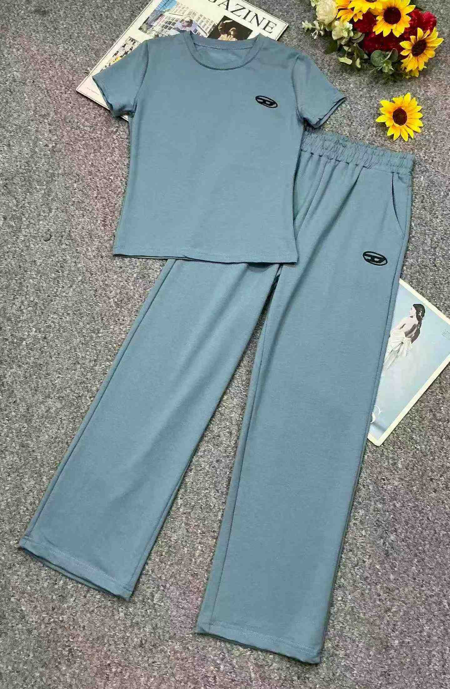 Spring Summer New Women's 2-Piece Set Embroidered Crew Neck Short Sleeve T-shirt Straight Casual Pants 335 Sets Size S-L - Image 1