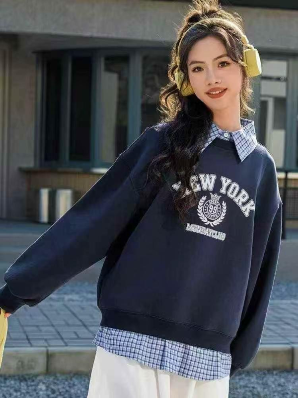 Plaid Patchwork Fake Two-piece New Loose Sweatshirt for Teen Girls, Spring Autumn, S-3XL, About 800 Pieces - Image 1