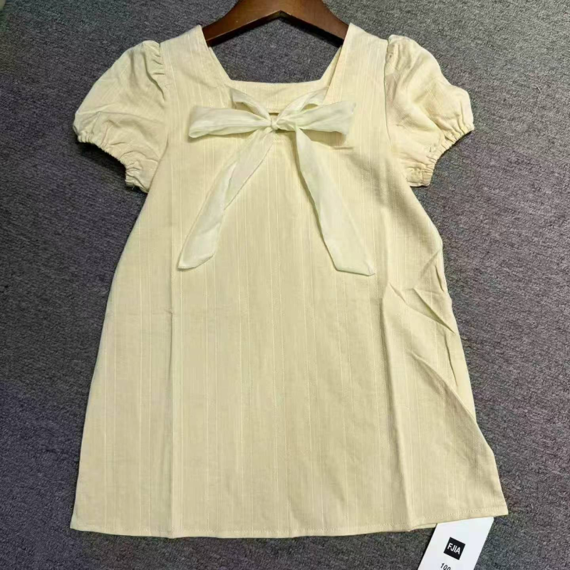 100% Cotton Girls Square Neck Puff Sleeve Back Bow Tie Short Sleeve A-line Dress, Approx 500 Pieces, Size 80-140 - Image 1
