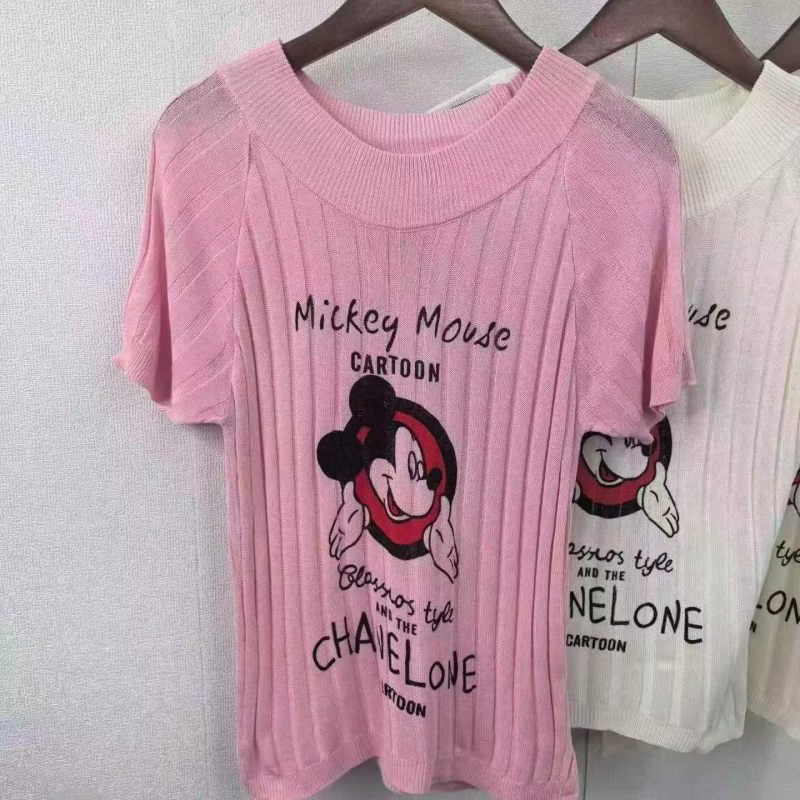 Summer Ribbed Knit Mickey Print Women's Short Sleeve T-shirt 300 Pieces One Size - Image 1