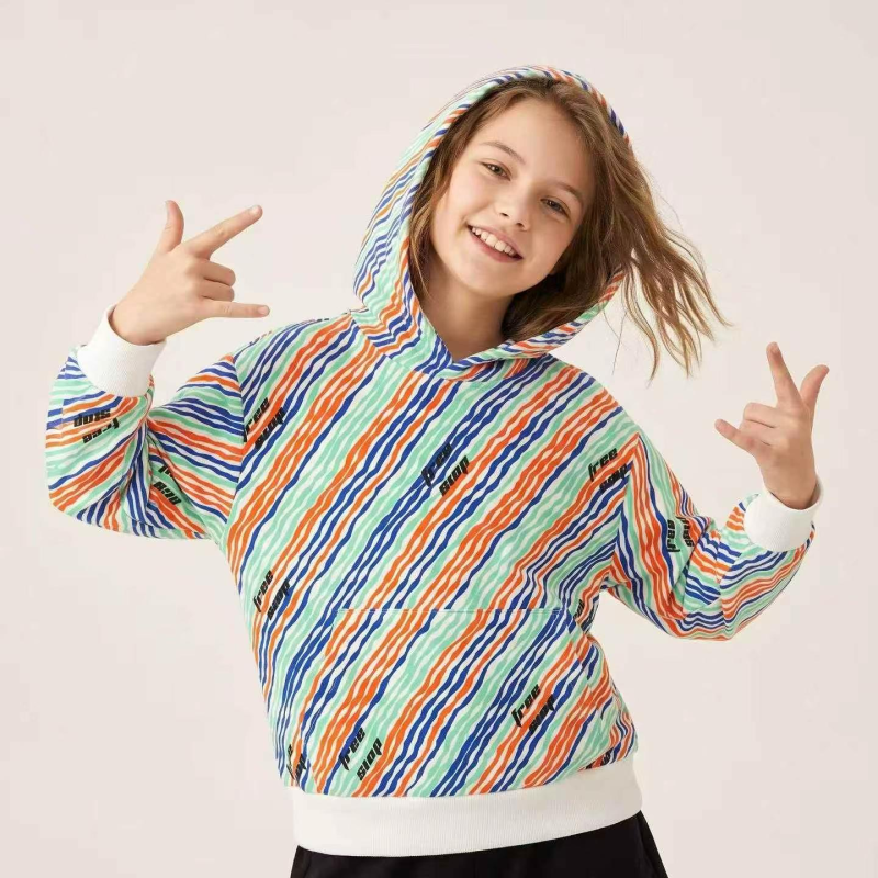 Kids Unisex Bright Diagonal Stripe Letter Hooded Thin Pullover Sweatshirt, Size 110-175, About 200 Pieces - Image 1