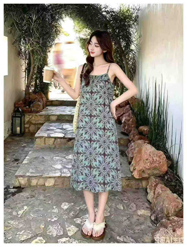 360pcs Vacation Style Printed Spaghetti Strap Loose A-line Dresses - Image 1