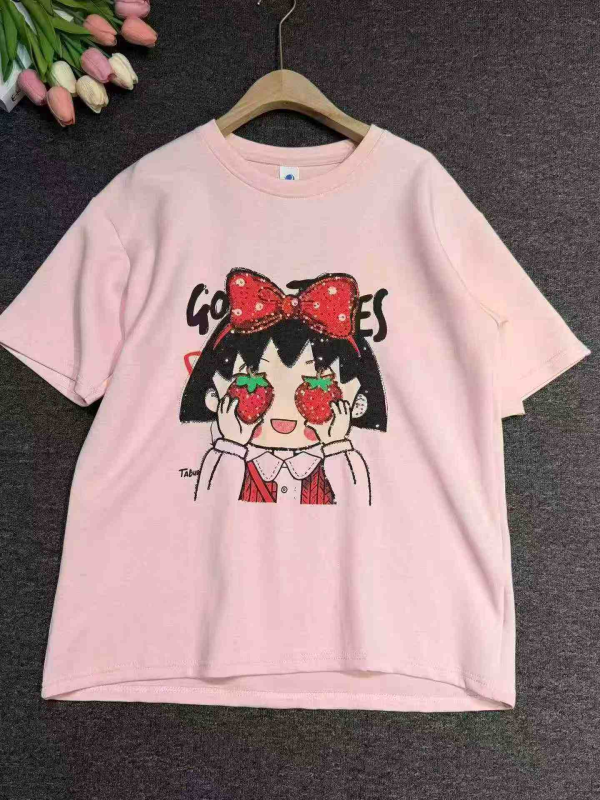 T-shirt Oversized Gadis Kartun Berhias Manik Sequen Berat, 5800 Keping - Image 1