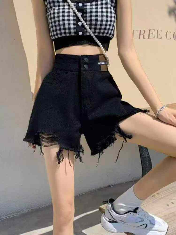 Novidade de Verão Versátil, Shorts Jeans de Cintura Alta, Perna Larga, Desfiados Pretos, Cerca de 1280 Peças - Image 1