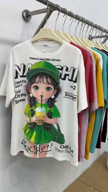 6000 Pieces European Heavy Rhinestone Korean Cartoon Print Loose Short Sleeve T-Shirts - Image 1