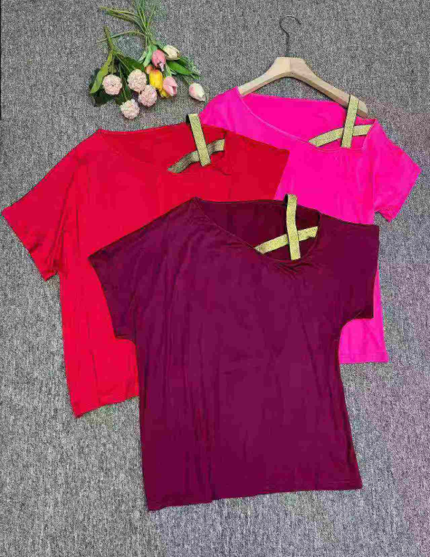 1300 Pcs Clearance Popular European American Casual Cross Off-shoulder Cotton Short Sleeve T-shirts - Image 1