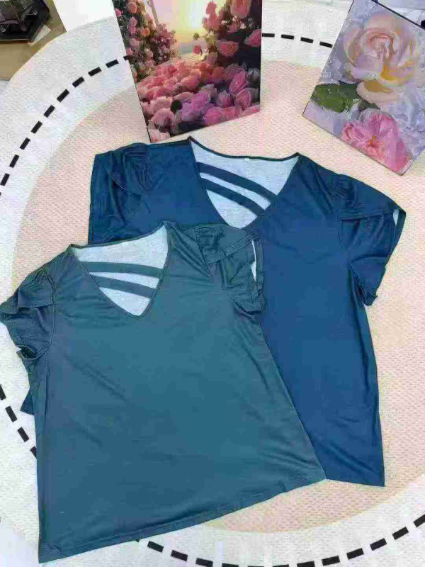 450 Pcs European American Original Women's V Neck Petal Sleeve T-Shirt - Image 1