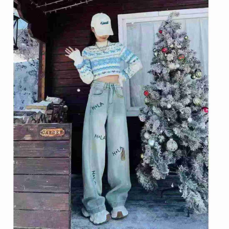 Light Color Embroidered Autumn Winter Thick Fleece Stretch Wide Leg Jeans, 1000 Pieces, Sizes S-2XL - Image 1