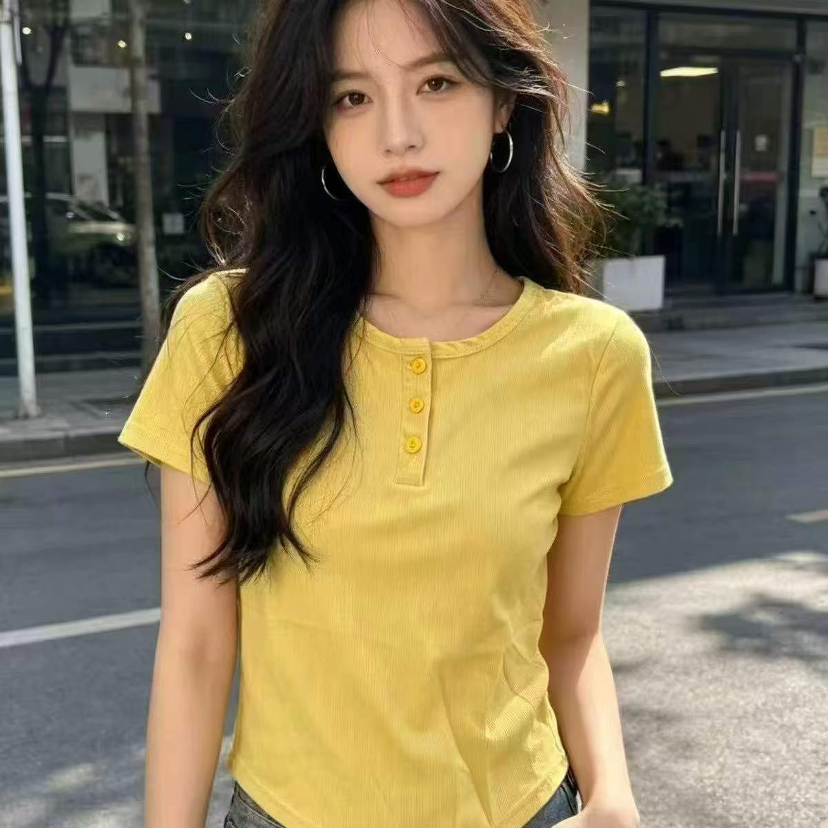 Fashion Niche Half Placket Button Women's Short Sleeve T-shirt 360 Pcs Single Color S-L Individually Packed - Image 2