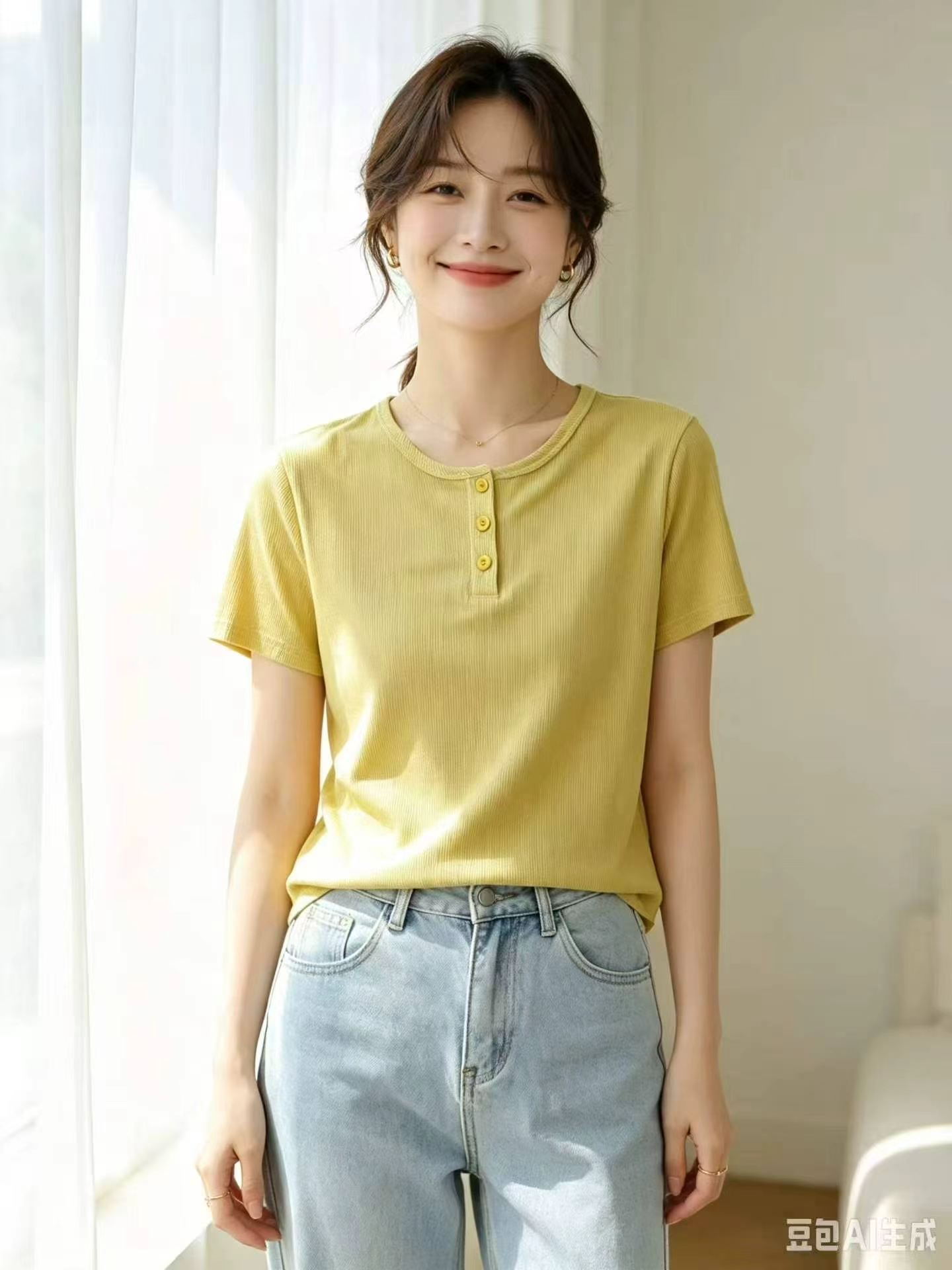 Fashion Niche Half Placket Button Women's Short Sleeve T-shirt 360 Pcs Single Color S-L Individually Packed - Image 9
