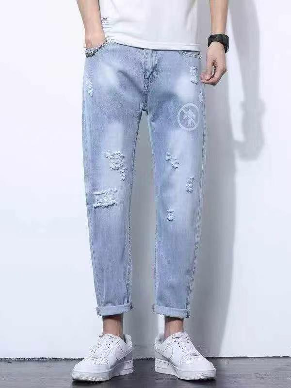 Calças Jeans Masculinas Rasgadas, Largas e Retas, com Estampa de Círculos em Azul Claro, 398 Peças, S a 3XL - Image 2