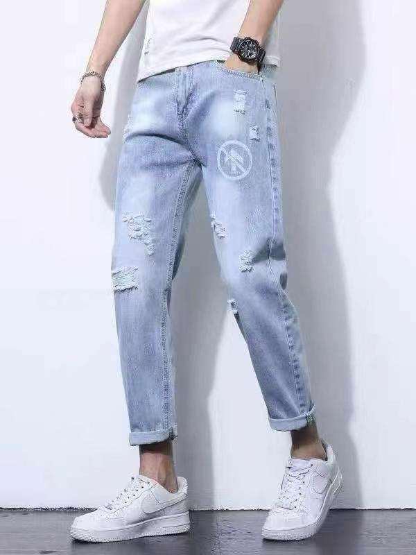 Calças Jeans Masculinas Rasgadas, Largas e Retas, com Estampa de Círculos em Azul Claro, 398 Peças, S a 3XL - Image 3