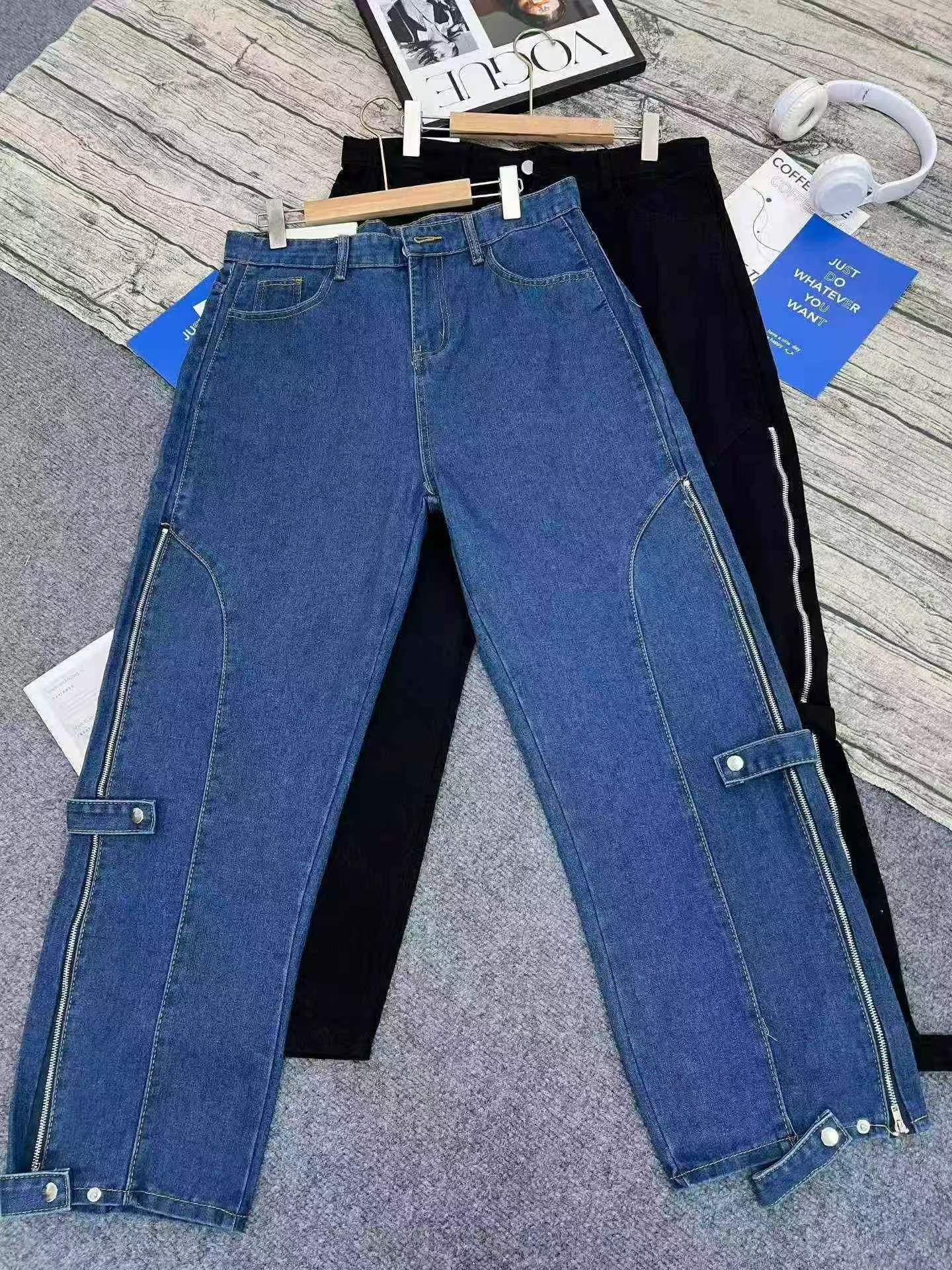 American High Street Men's Side Zipper Loose Wide Leg Denim Cargo Jeans 500PCS - Image 6