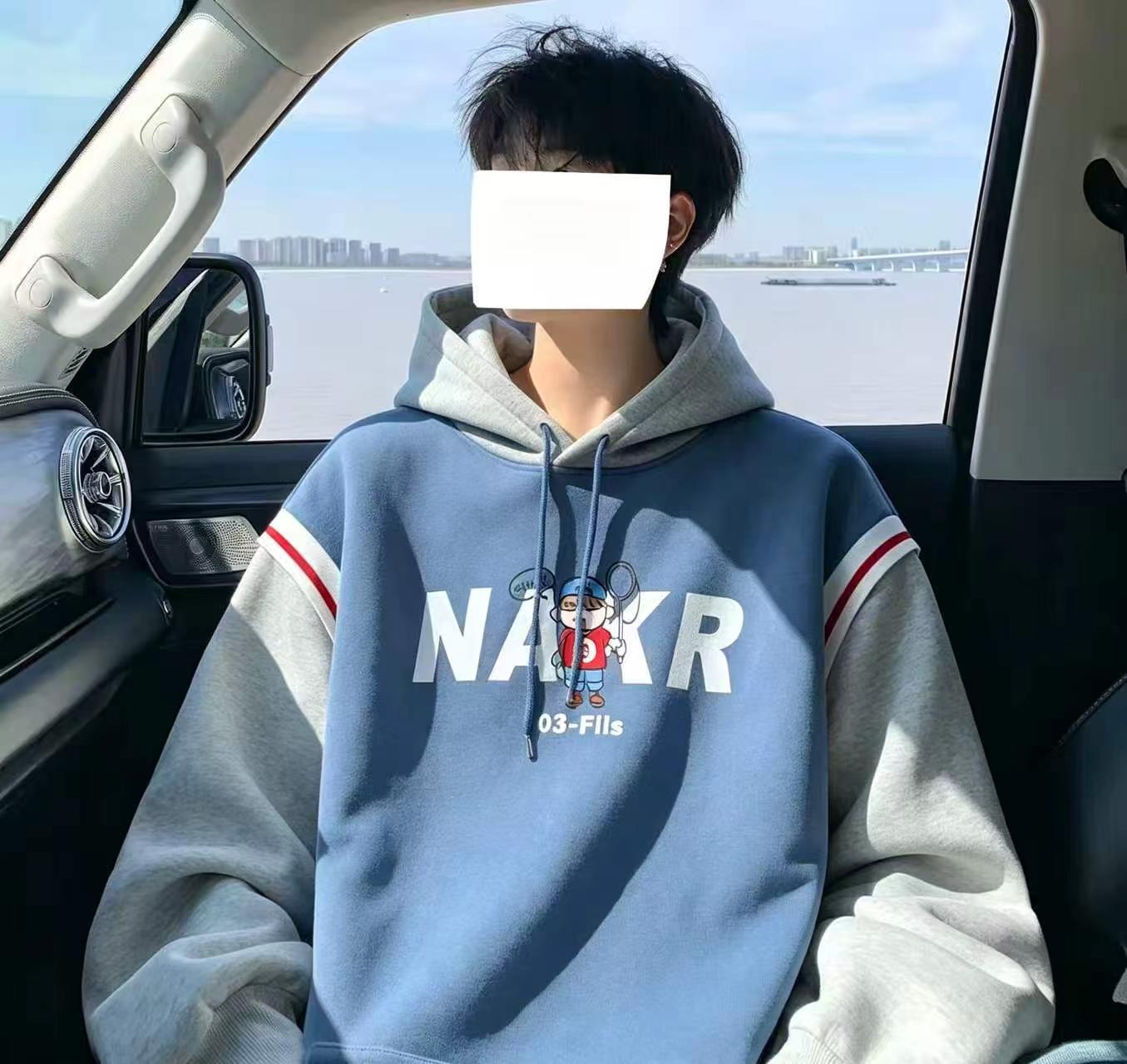 Men's Autumn American Retro Fleece Loose Fake Two-piece Hooded Sweatshirt 431pcs M-3XL - Image 2