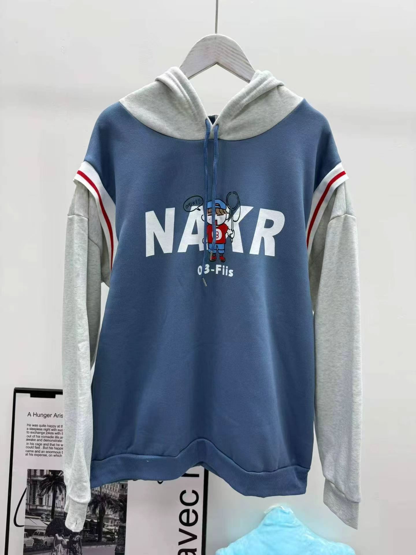 Men's Autumn American Retro Fleece Loose Fake Two-piece Hooded Sweatshirt 431pcs M-3XL - Image 3