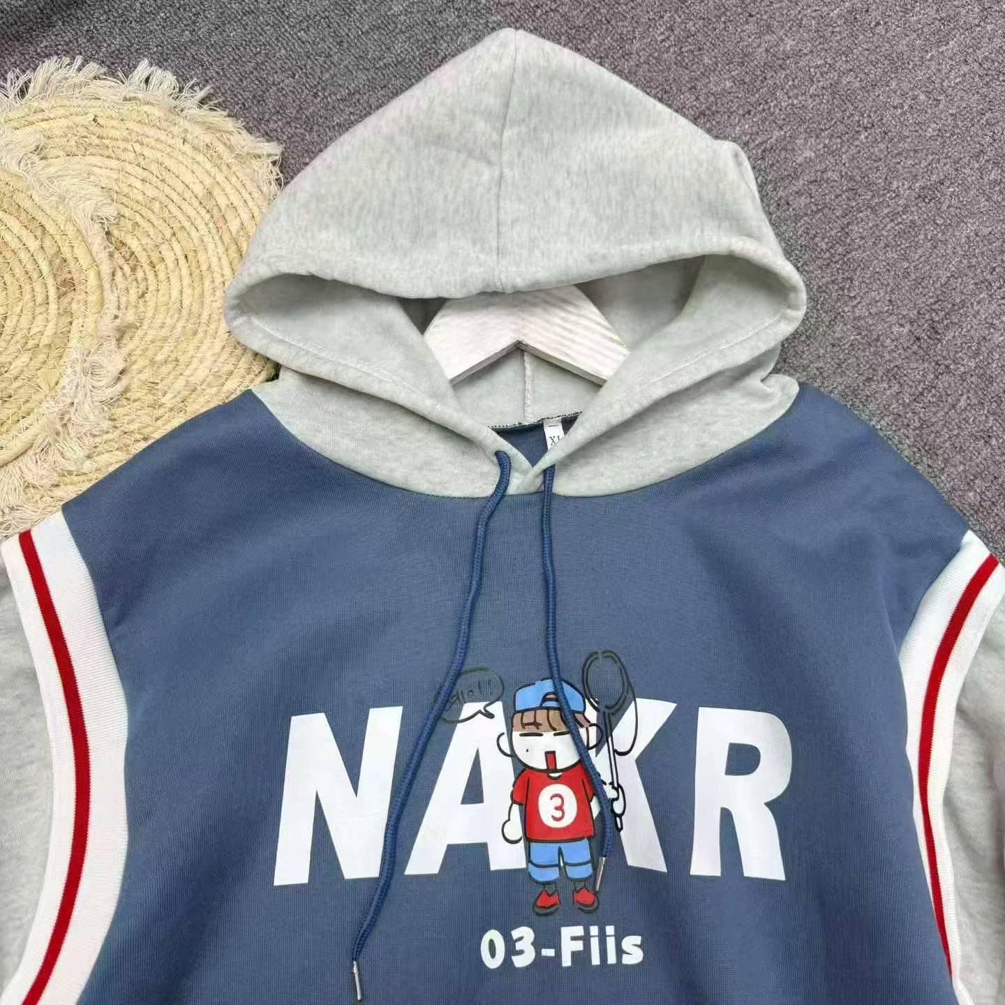 Men's Autumn American Retro Fleece Loose Fake Two-piece Hooded Sweatshirt 431pcs M-3XL - Image 6
