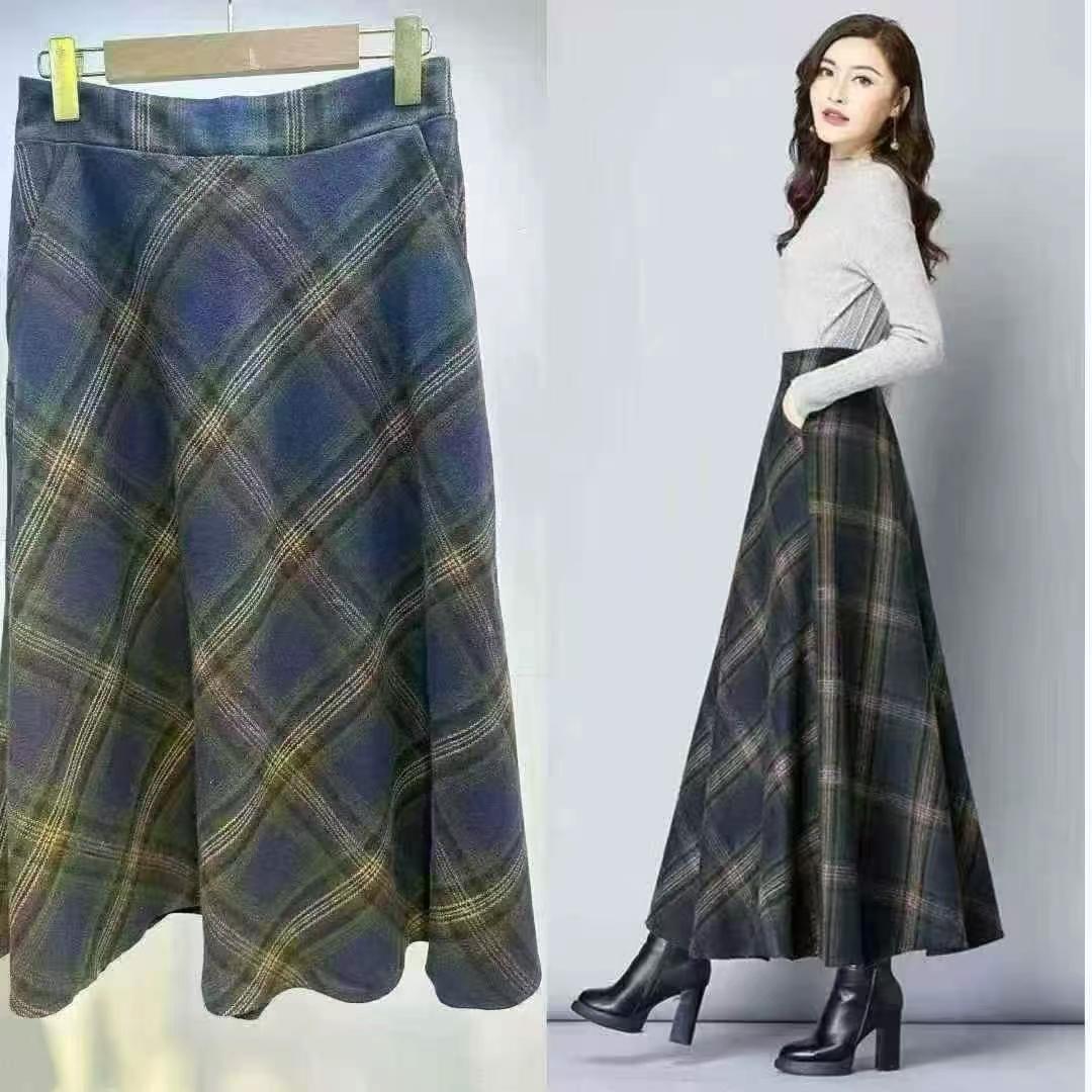 Autumn Winter Woolen Plaid High Waist A-line Long Skirt S-XXL 520pcs - Image 5