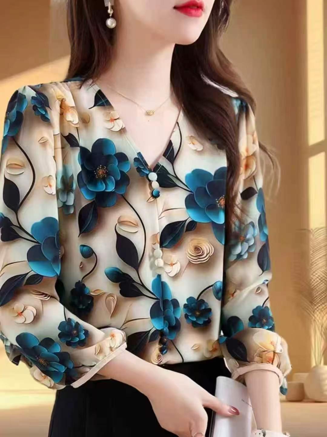 Blaus Wanita Jenama Premium Gaya Ibu Sutera Corak Bunga Lengan Tiga Suku, Sekitar 720 Helai - Image 6