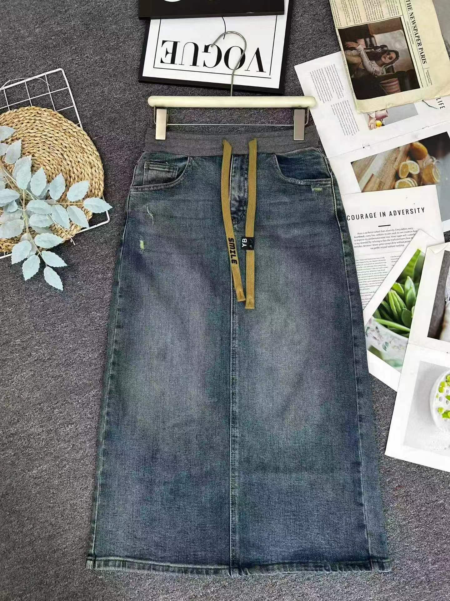Vintage High Waist Elastic Denim Midi Pencil Skirt 495 Pieces - Image 2