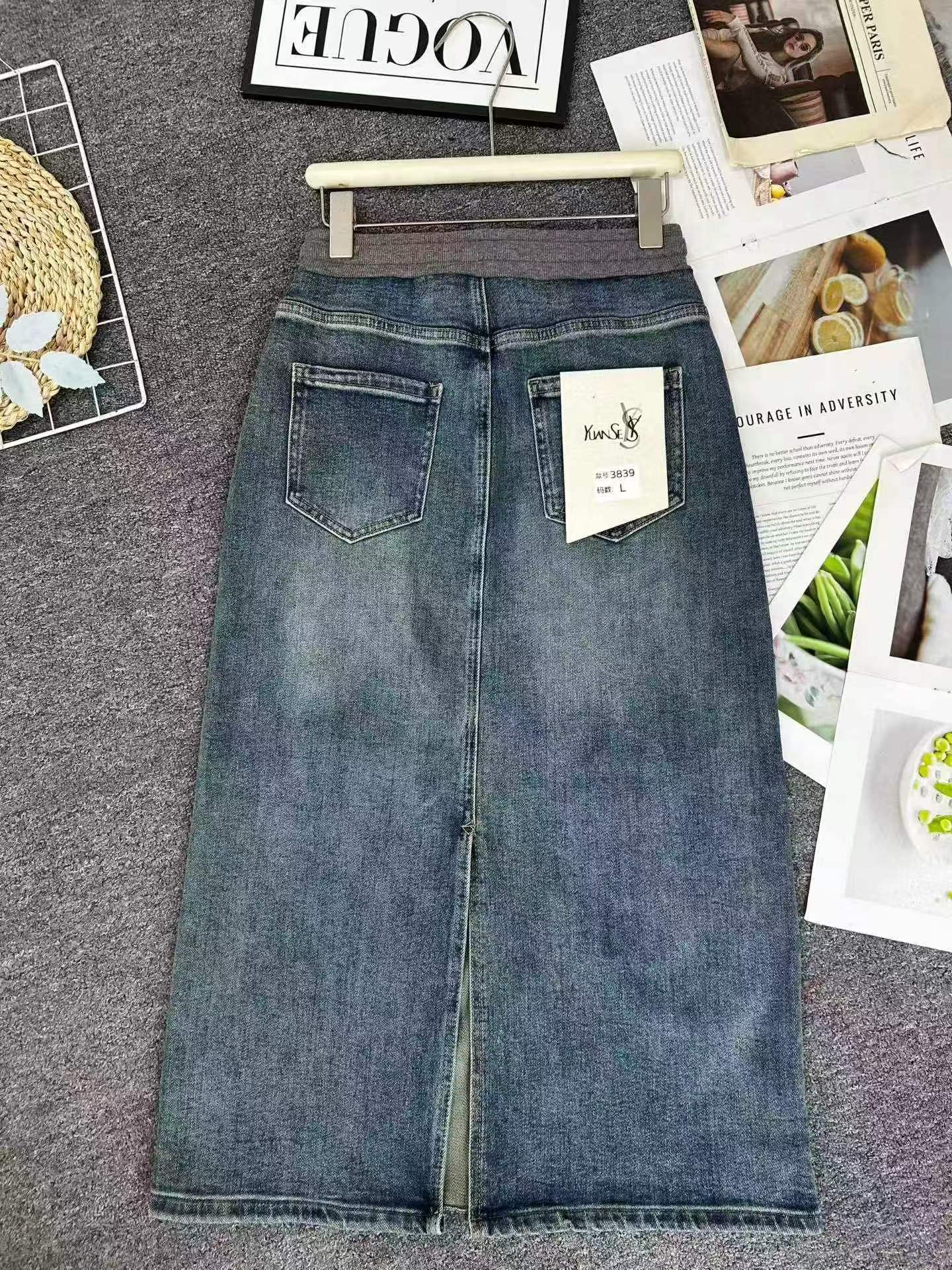 Vintage High Waist Elastic Denim Midi Pencil Skirt 495 Pieces - Image 3