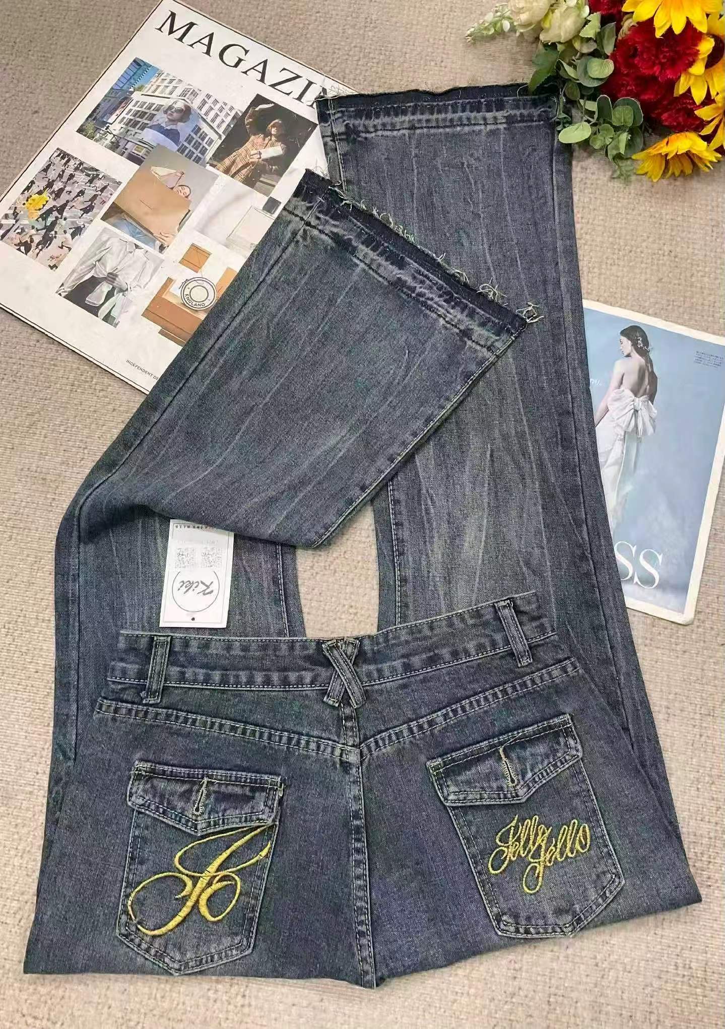 Jeans printemps-automne en coton lavé, droits à jambe large et micro-évasés, taille XL, environ 360 pièces - Image 3