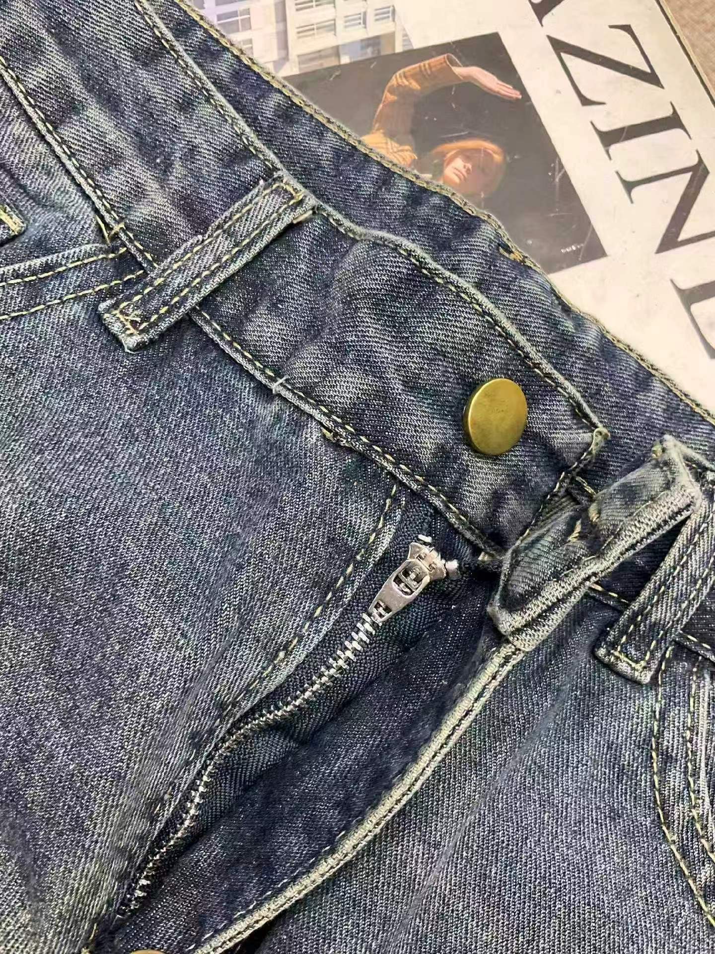 Jeans printemps-automne en coton lavé, droits à jambe large et micro-évasés, taille XL, environ 360 pièces - Image 9