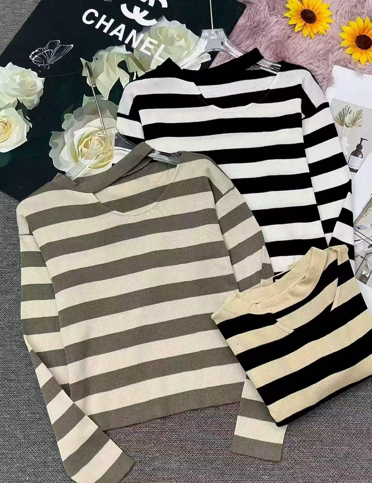 Sweater Leher Bulat Korea Berjalur Blok Warna Retro Musim Bunga Musim Luruh, 878 Keping - Image 2