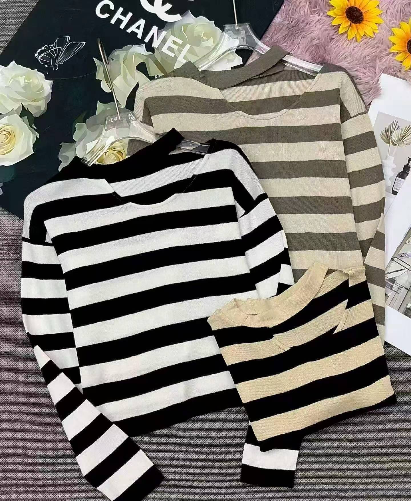 Sweater Leher Bulat Korea Berjalur Blok Warna Retro Musim Bunga Musim Luruh, 878 Keping - Image 3