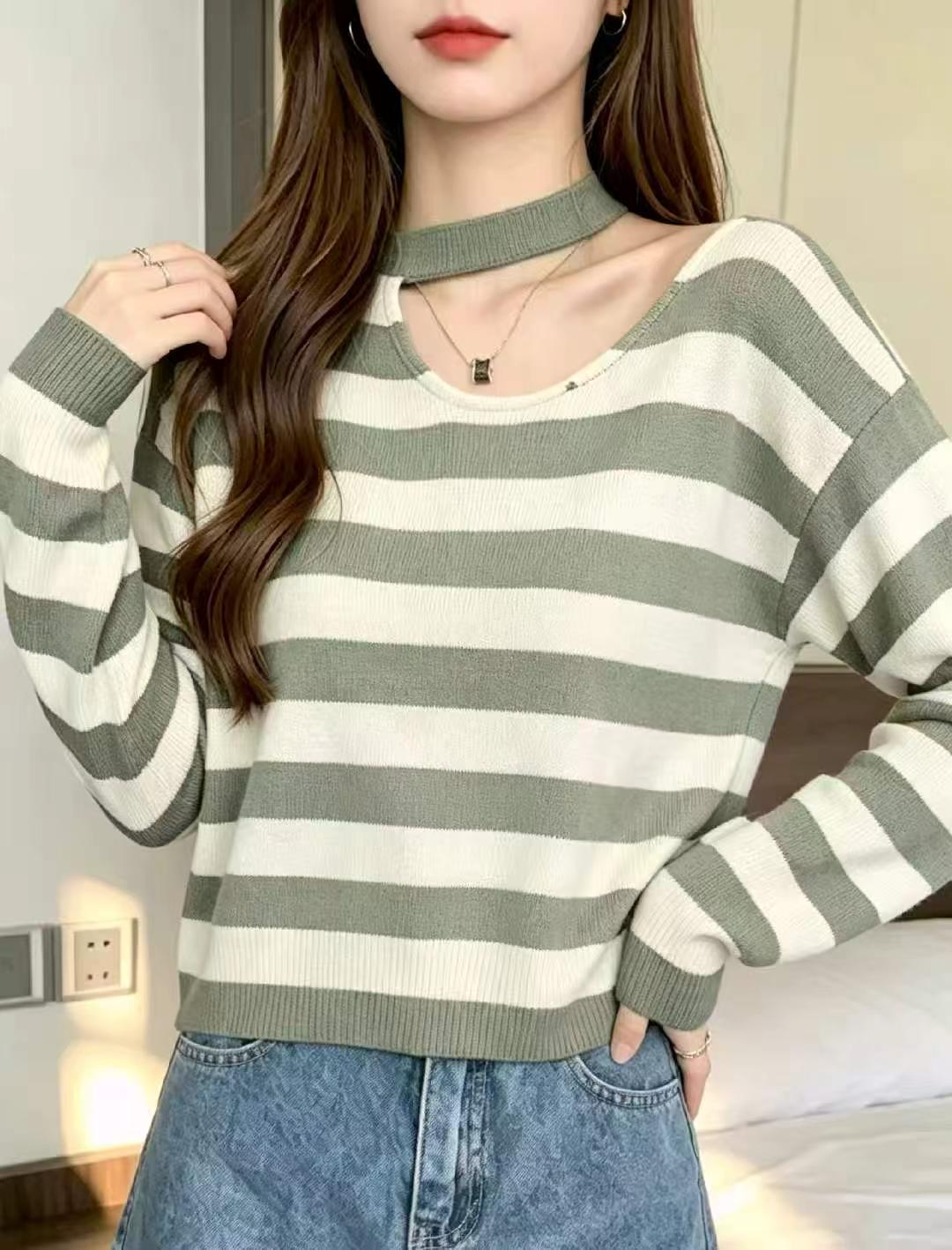 Sweater Leher Bulat Korea Berjalur Blok Warna Retro Musim Bunga Musim Luruh, 878 Keping - Image 5