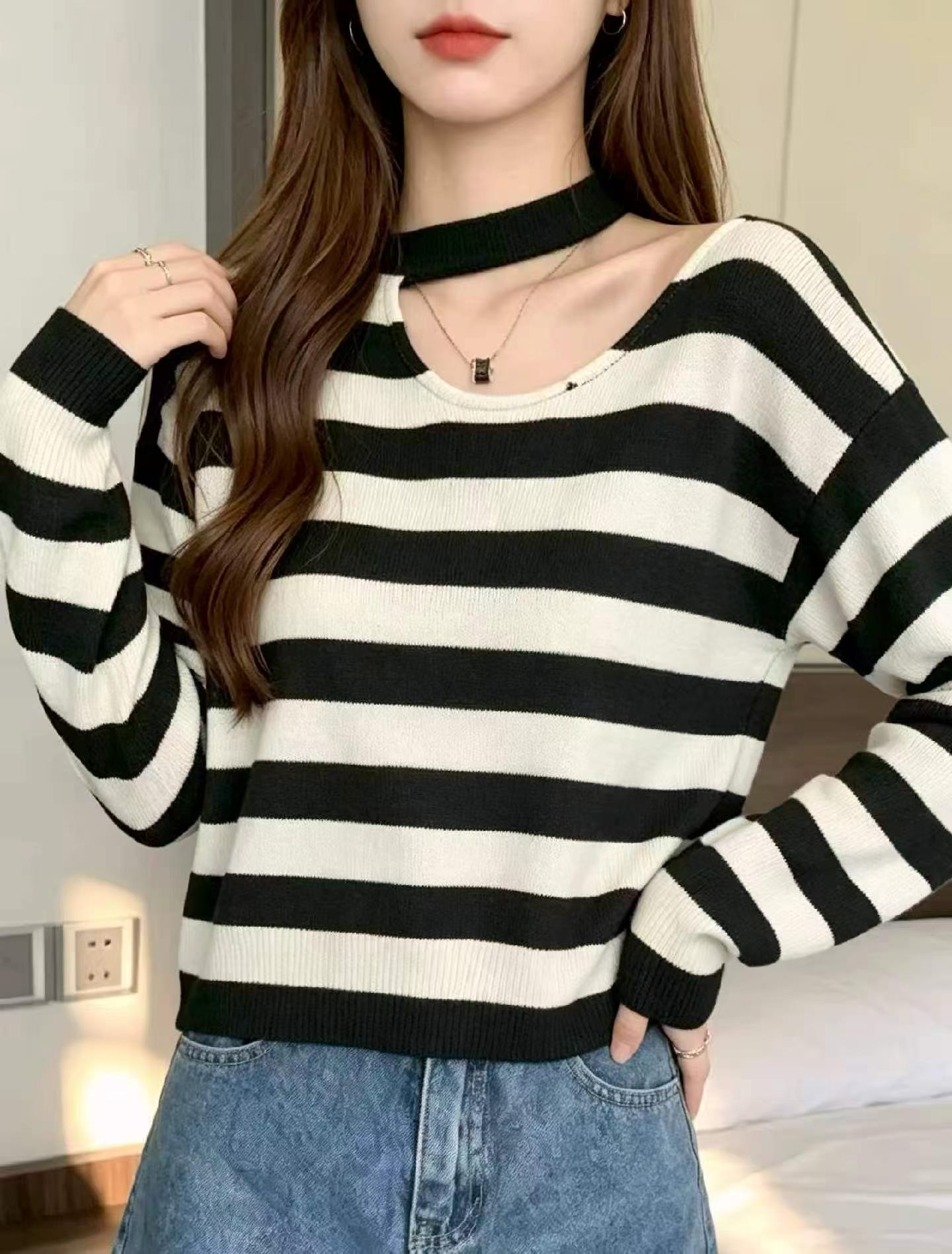 Sweater Leher Bulat Korea Berjalur Blok Warna Retro Musim Bunga Musim Luruh, 878 Keping - Image 6