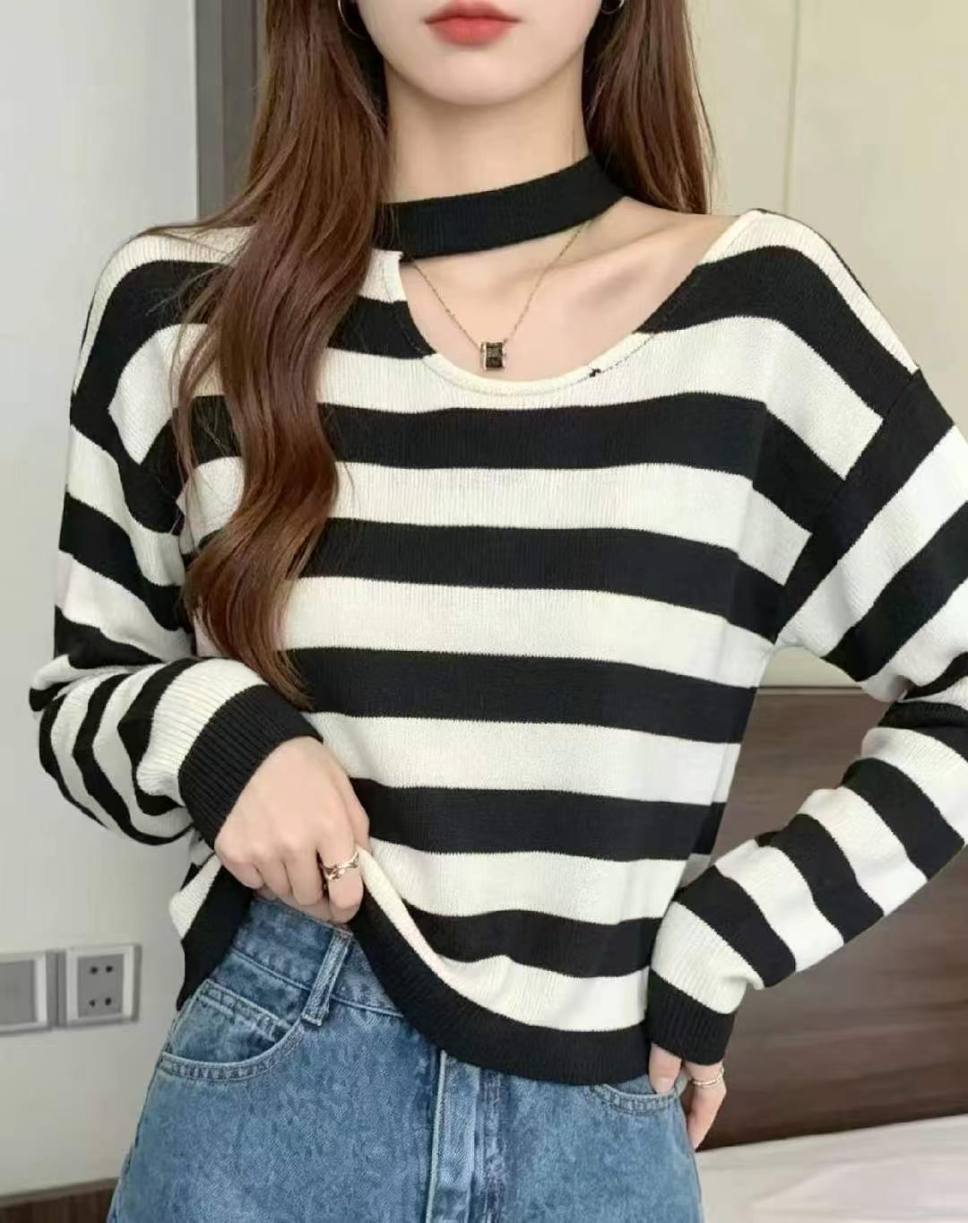 Sweater Leher Bulat Korea Berjalur Blok Warna Retro Musim Bunga Musim Luruh, 878 Keping - Image 7