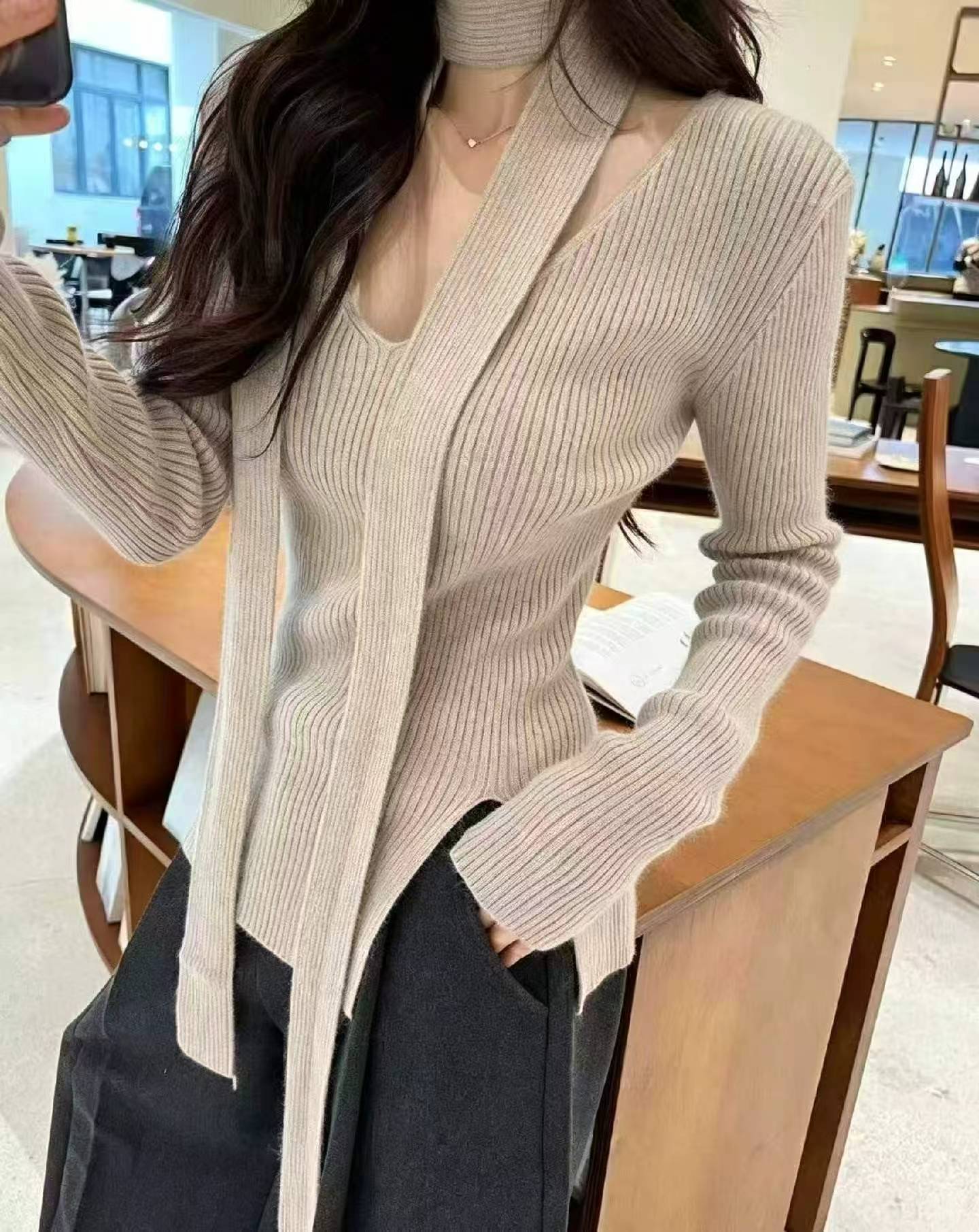 Áo len dệt kim tay dài cổ quấn dáng rộng màu trơn mẫu mới dành cho Xuân Thu, 415 chiếc - Image 5